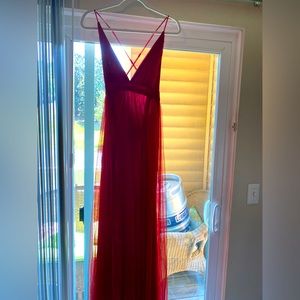 Windsor Wine Red Plunge Neck Tulle Maxi/Prom/Formal Dress Size S NWT